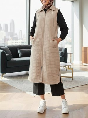 Podyumplus Taş Fermuarlı Kapüşonlu Cepli Uzun Kapitone Yelek