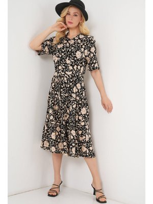 Bigdart Siyah Kısa Kol Desenli Elbise