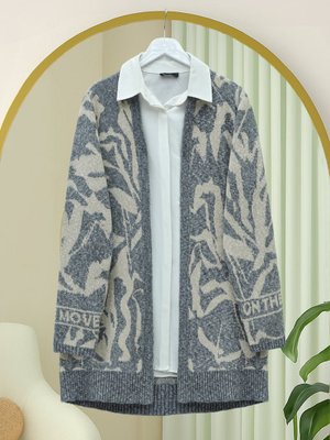 Podyumplus İndigo Desenli Salaş Triko Hırka