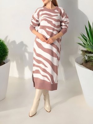 Podyumplus G.kurusu Yırtmaçlı Desenli Triko Elbise