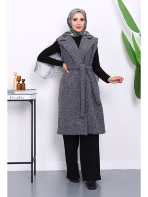 İmaj Butik Antrasit Kruvaze Yaka Kuşaklı Keçe Yelek