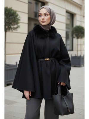 Salih Çelebi Siyah Kürk Yaka Kaşe Panço