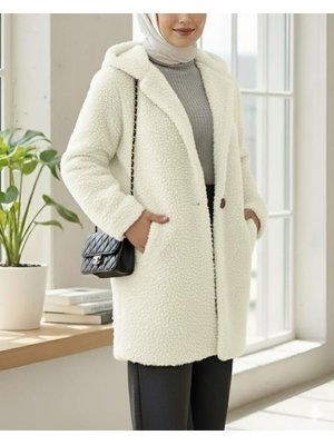 Podyumplus Ekru Kapüşonlu Düğmeli Astarlı Peluş Kaban