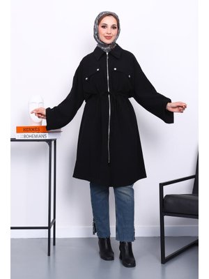 İmaj Butik Siyah Bel Kuşaklı Çift Cepli Gabria Kap