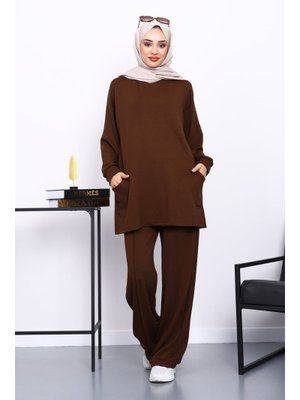 İmaj Butik Kahverengi Yan Cepli Omuz Parçalı Alt Çımalı Modal Takım