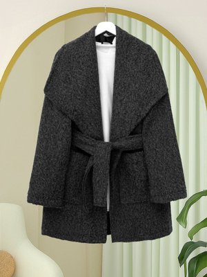 Podyumplus Siyah Geniş Yakalı Beli Kemerli Cepli Kaşe Kaban