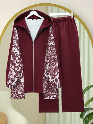 Podyumplus Bordo Fermuarlı Kapüşonlu Yanları Desenli Scuba Takım