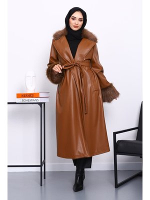 İmaj Butik Taba Kol Yaka Kürklü Deri Trençkot