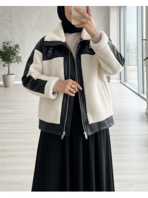 Podyumplus Krem Deri Garni Detaylı Fermuarlı Cepli Peluş Mont