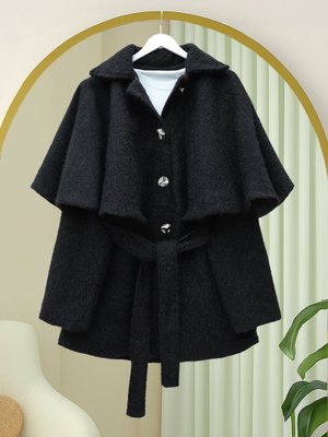 Podyumplus Siyah Bolerolu Beli Kemerli Düğmeli Kaşe Kap