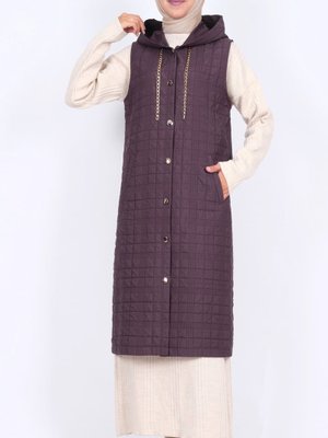 Podyumplus Mürdüm Kapüşonlu Zincir Detaylı Cepli Kapitone Yelek