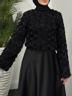Podyumplus Siyah Organze Güllü İspanyol Kol Bluz