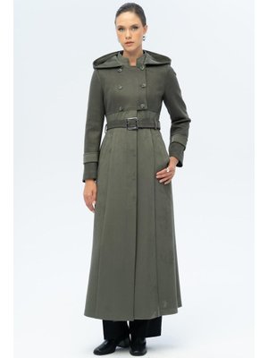 Olcay Kapüşonlu Garni Detaylı Süet Görünümlü Pardesü A.haki