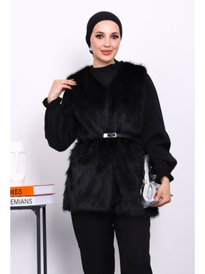 İmaj Butik Siyah Kemerli Astarlı Kürk Yelek