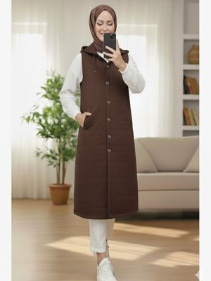 Podyumplus Kahve Önü Düğmeli Zincir Detaylı Kapüşonlu Kapitone Yelek