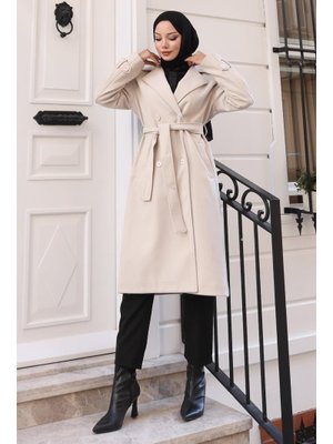 MODAMİHRAM Bej Kuşaklı Kaşe Kaban