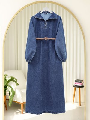 Podyumplus İndigo Yarım Boğazlı Fermuarlı Cepli Kot Elbise