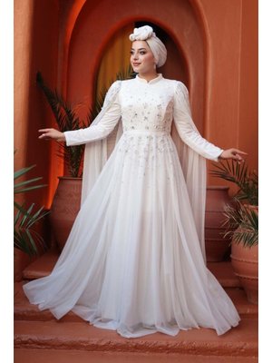 Neva Style Boncuk Detaylı Pelerinli Beyaz 53141b