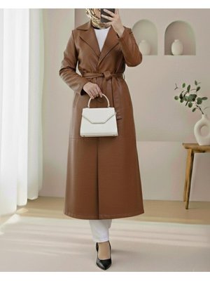 Podyumplus Taba Beli Kemerli Yan Cepli Tek Düğmeli Deri Trençkot