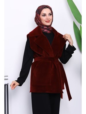 İmaj Butik Bordo Kruvaze Yaka Kuşaklı Kaşe Yelek