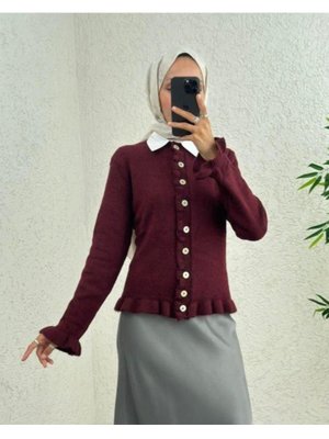 Podyumplus Bordo Düğmeli Önü Ve Eteği Fırfırlı Hırka
