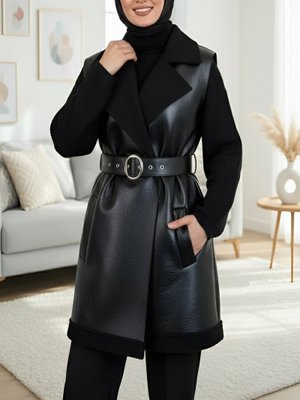 Podyumplus Siyah Kalın Kemerli İçi Kürklü Cepli Deri Yelek