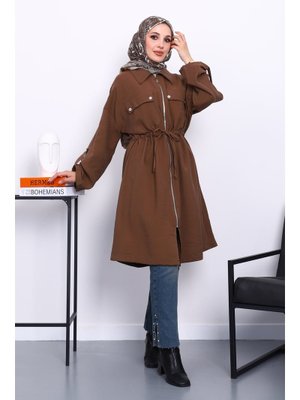 İmaj Butik Kahverengi Bel Kuşaklı Çift Cepli Gabria Kap