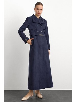 Olcay Lacivert Mendil Yaka Taş Detaylı Süet Görünümlü Pardesü