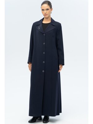 Olcay Lacivert A Ceket Yaka Broş Detaylı Astarlı Büyük Beden Pardesü