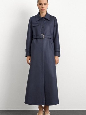 Olcay Lacivert Gömlek Yaka Çıt Ve Deri Detaylı Gabardin Süet Pardesü