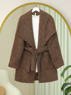 Podyumplus Kahve Geniş Yakalı Beli Kemerli Cepli Kaşe Kaban