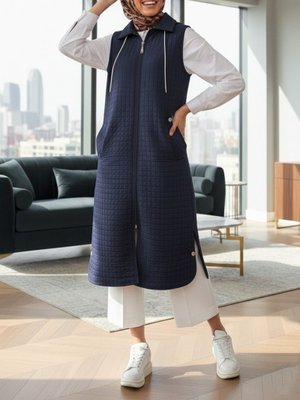 Podyumplus Laci Fermuarlı Kapüşonlu Cepli Uzun Kapitone Yelek