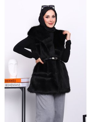 İmaj Butik Siyah Astarlı Kemerli Kürk Yelek