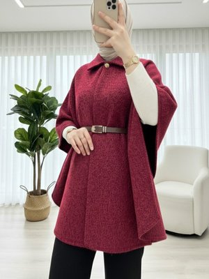 Podyumplus Bordo Tek Düğmeli Beli Kemerli Sakallı Panço