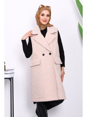 İmaj Butik Bej Kruvaze Yaka Astarlı Kaşe Yelek