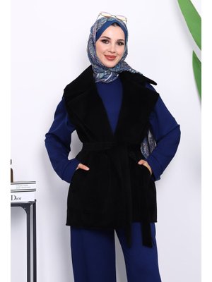 İmaj Butik Siyah Kruvaze Yaka Kuşaklı Kaşe Yelek