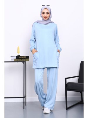 İmaj Butik Bebe Mavi Yan Cepli Omuz Parçalı Alt Çımalı Modal Takım