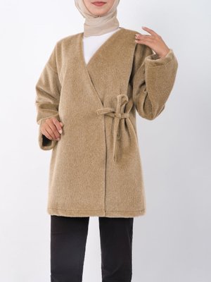 Podyumplus Toprak Yandan Bağlamalı Kürklü Ceket