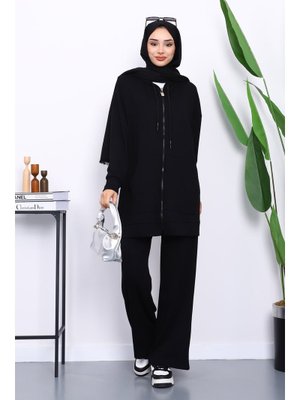 İmaj Butik Siyah Kapüşonlu Modal Tunik Pantolonlu Takım