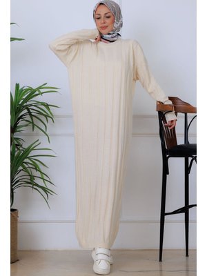 Benguen Krem Kendinden Çizgili Triko Elbise