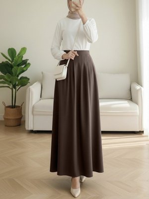 Podyumplus K. Kahve Fermuarlı Cepli Pliseli Krep Etek