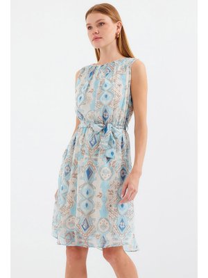Bigdart Mavi Desenli Sıfır Kol Şifon Elbise