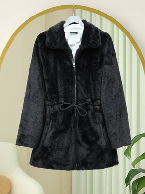 Podyumplus Siyah Tünel Bağcıklı Cepli Astarlı Kürklü Ceket