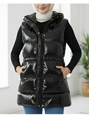 Podyumplus Siyah İçi Astarlı Önü Fermuarlı Cepli Rugan Yelek