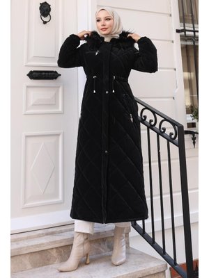 MODAMİHRAM Siyah Fermuarlı Kapüşonlu Kapitone Mont