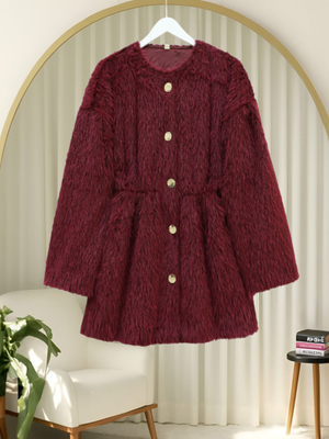 Podyumplus Bordo İçi Astarlı Beli Büzgülü Kürklü Ceket