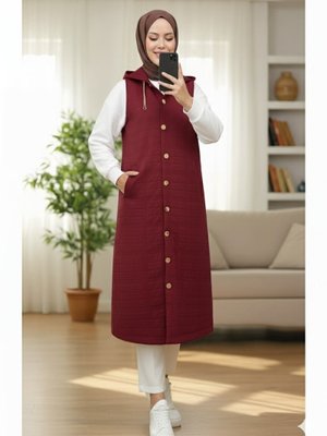 Podyumplus Bordo Önü Düğmeli Zincir Detaylı Kapüşonlu Kapitone Yelek