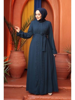 Neva Style Boncuk İşlemeli İndigo Mavisi Abaya 29118ım