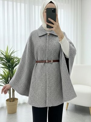 Podyumplus Açık Gri Tek Düğmeli Beli Kemerli Sakallı Panço