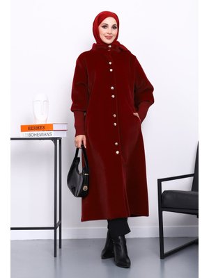 İmaj Butik Bordo Düğmeli Angora Kaşe Kaban